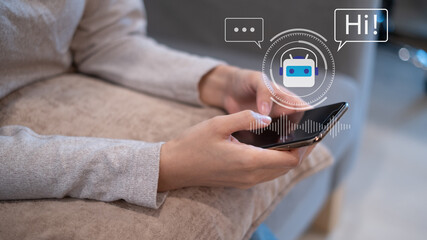 Close-up woman typing on smartphone customer service ai artificial intelligence chat bot help...