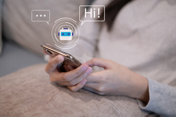 Close-up woman using typing smartphone ai chatbot artificial intelligence online searching...
