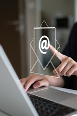Business man receive send electronic mail email computer laptop smartphone mail marketing business...