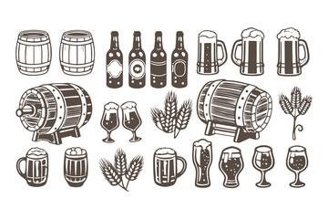 Vintage beer and brewery icon set. Vector graphics of mugs, barrels, bottles, and wheat for pub menu or logo design.