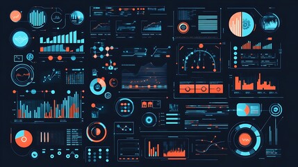Futuristic data dashboard with various charts and graphs