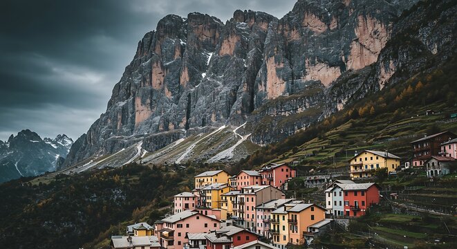 A breathtaking and moody landscape featuring a picturesque village with colorful houses nestled on a verdant hillside at the foot of the majestic Italian Dolomites. 