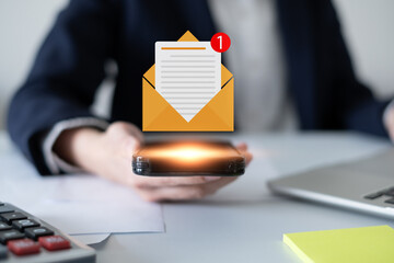 Business man receive send electronic mail email computer laptop smartphone mail marketing business...