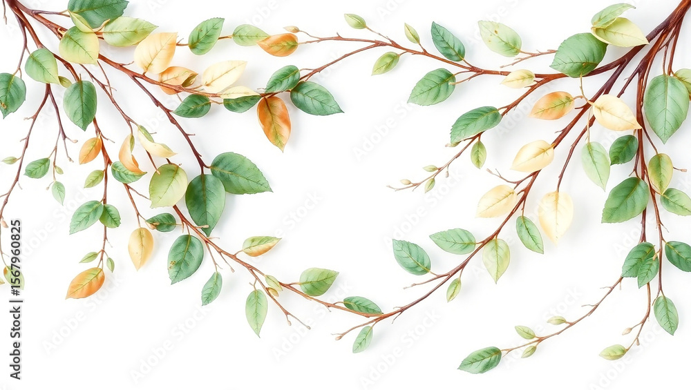 Poster branches with green and yellow leaves arranged on a white background creating a natural frame aesthe
