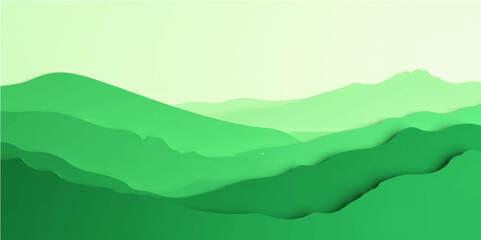 Green mountain landscape vector with mist and clouds at sunrise, illustrating a serene valley view