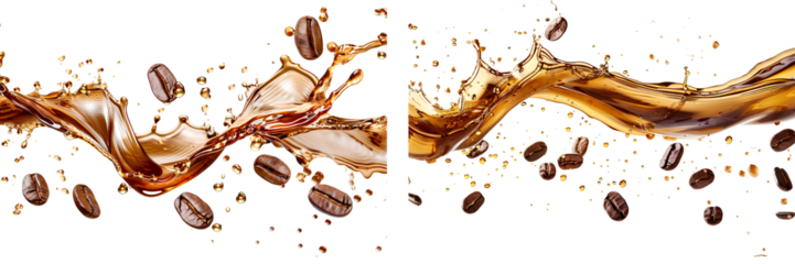 Set of two coffee splashes with flying beans isolated on transparent background

