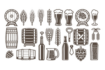 Vintage beer and brewery icon set. Vector graphics of mugs, barrels, bottles, and wheat for pub menu or logo design.