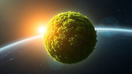 Lush green planet suspended in space with glowing atmosphere and vibrant cosmic vegetation.