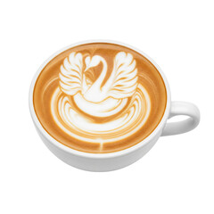 A beautifully crafted swan latte art adorns a cup of coffee, perfect for showcasing barista skills and the art of coffee making against a dark background.