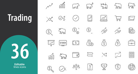 Trading Line Icons, Candlestick Chart, Buy and Sell, Market Graph, Dollar Sign, Trading App, Editable Formats: AI, EPS, PNG, JPG, Ideal for Both Digital and Print Use

