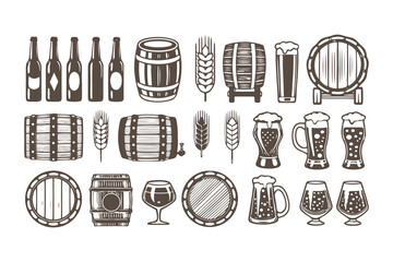 Vintage beer and brewery icon set. Vector graphics of mugs, barrels, bottles, and wheat for pub menu or logo design.