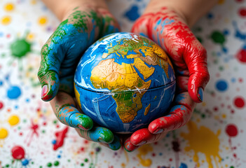 Hands covered in paint holding a globe with africa visible and paint splatters on the background