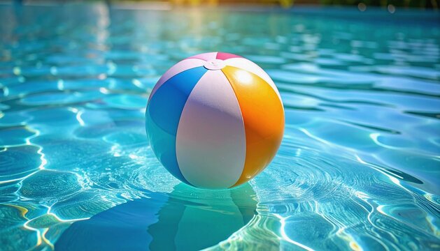 Soft Focus Pastel Beach Ball Floating on the Surface of a Light Turquoise Pool, Centered