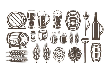 Vintage beer and brewery icon set. Vector graphics of mugs, barrels, bottles, and wheat for pub menu or logo design.