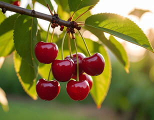 Ripe red cherries on a twig