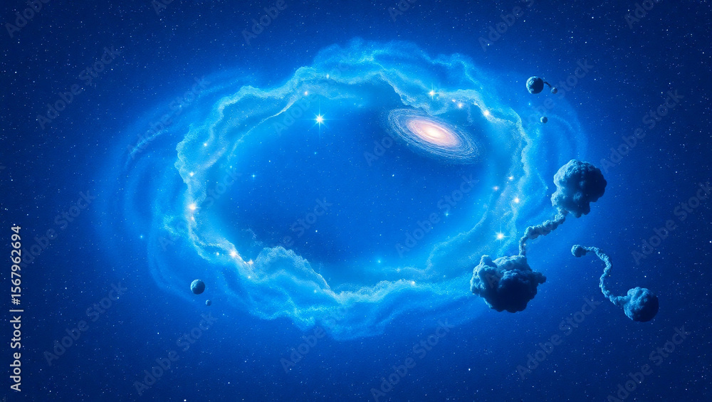 Aufkleber a cosmic scene with a blue nebula ring surrounding a galaxy and floating cloud like structures creat