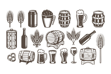 Vintage beer and brewery icon set. Vector graphics of mugs, barrels, bottles, and wheat for pub menu or logo design.
