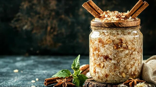 Overnight oats in a glass jar with spices and mint leaves.