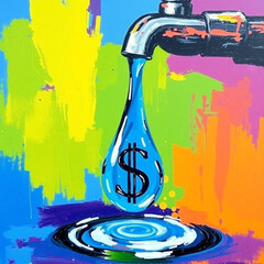  water droplet with a dollar sign falling from a water tap