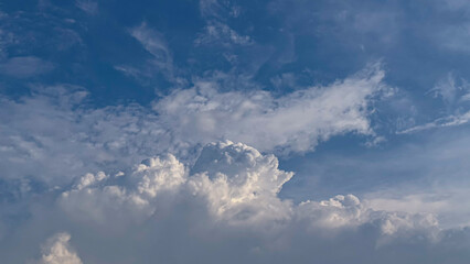A partly cloudy blue sky with white, fluffy clouds of varying sizes, illuminated by natural light