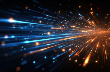 Fototapeta premium Abstract digital art; vibrant blue and orange light streaks radiating outward from a central point