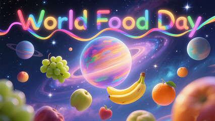 Neon fonts paired with cosmic fruits represent the fantastic creativity and global connection of World Food Day, used for creative promotion and sci-fi themed event scenes.