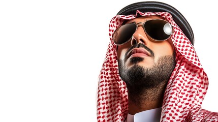 Stylish arab man wearing sunglasses and traditional keffiyeh headscarf looking up
