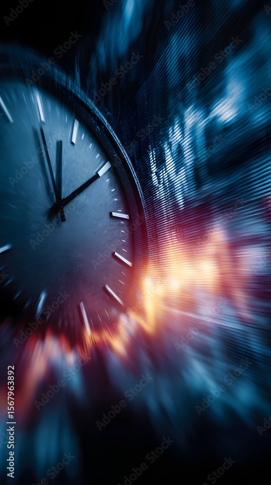 Poster time and finance in motion a blurred clock and falling graphs