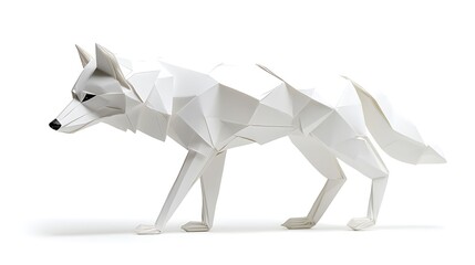White origami wolf standing alert on a plain white background.