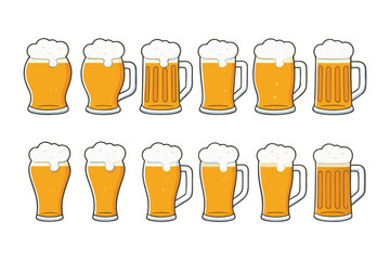 Beer mug and glass icon set. Vector collection of various pints and steins with foam for pub menu or Oktoberfest design.