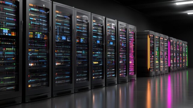 Illuminated servers in modern data center technology network digital computing