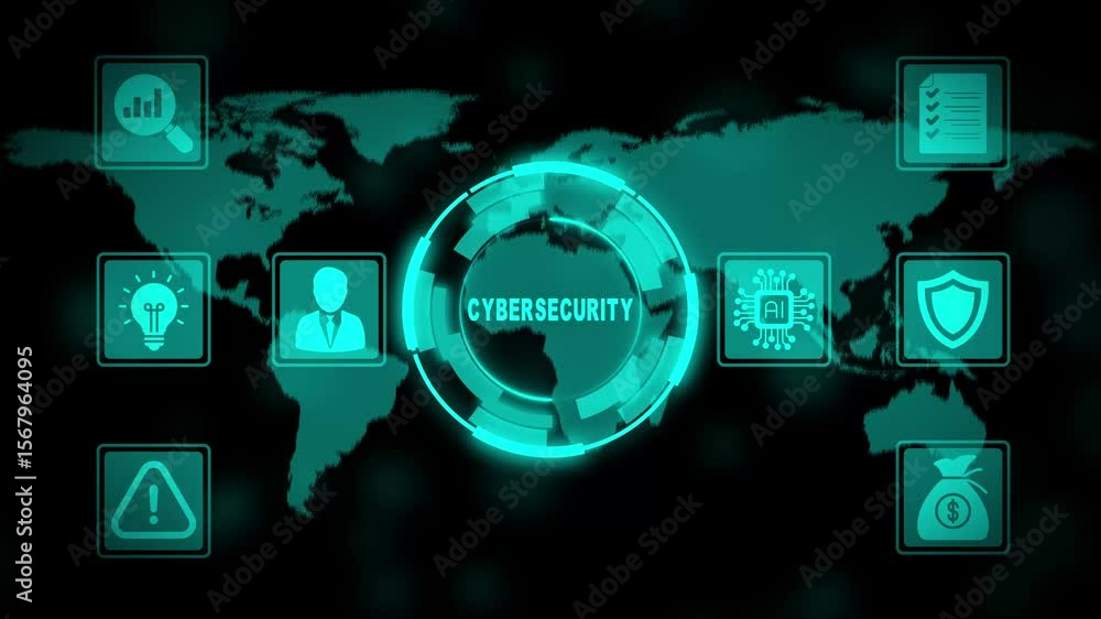 Poster cybersecurity concept illustration animated digital interface featuring global map icons and data