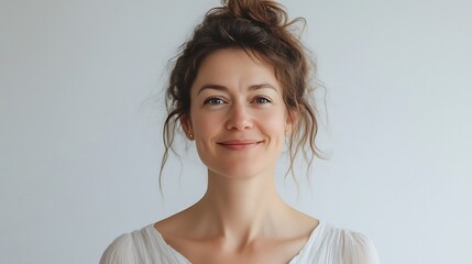 Young woman with curly brown hair and a warm smile against a light background