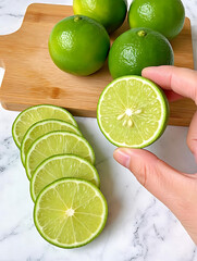 Freshly Sliced Limes on a Wooden Cutting Board Closeup.