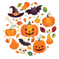 Cute Halloween Clipart Set &ndash; Flat Design of Spooky Items in Doodle Style. Minimalist Halloween Vector Icons &ndash; Flat Doodle Style Pumpkins, Ghosts, Rats, and Tombstones