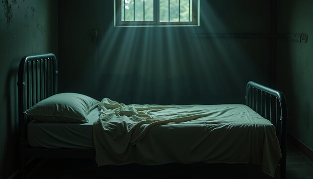 Empty prison bed with rumpled sheets in dimly lit cell  