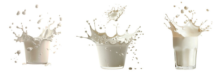 Set of milk splash effects in different glass cups isolated on transparent background

