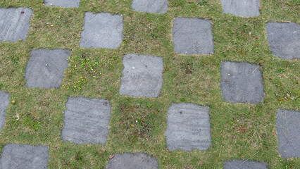 This image displays a grid pattern of square, light grey stepping stones set into a vibrant green...