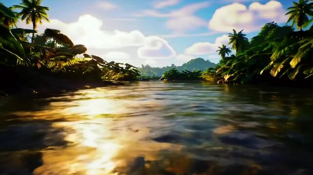 Aliran sungai tropis pagi, sinar emas, air berkilau, Realistis, 3D look (cinematic), Statis (kamera diam), Smooth (gerakan tidak tersendat), 4K resolusi, Loopable seamless (tidak putus saat diulang)