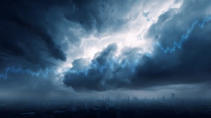 Turbulent clouds loom over a city skyline symbolizing economic uncertainty and challenges