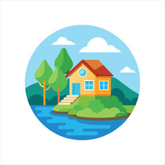 Scenic River House Icon Line Drawing