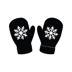 Black winter mittens with snowflakes representing the cold weather season holidays