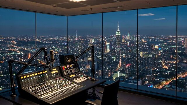 Radio studio with cityscape view at night, broadcasting concept