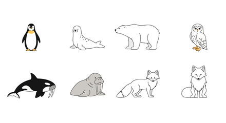 Fototapeta premium Vector arctic animals illustration featuring penguin seal polar bear owl orca walrus and arctic fox vector design