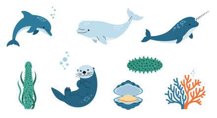 Vector cute ocean animals vector illustration dolphin whale narwhal otter coral seaweed sea life marine life drawing art