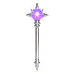 Silver magic staff with purple orb isolated on black background