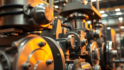 Fototapeta premium Close-up of industrial machinery parts with metallic textures in a warm factory environment.