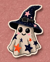 Sticker vector image of a cute cartoon ghost, a black witch hat, and stars around the body in various colors. 
