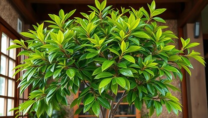 Obraz premium Indoor Sri Lankan tree, vibrant green leaves against traditional backdrop, interior design, green