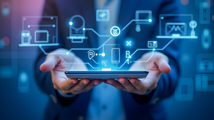 Hands Holding Connected Smart Devices with Glowing Screens Against Futuristic Grid Background – 4K HD